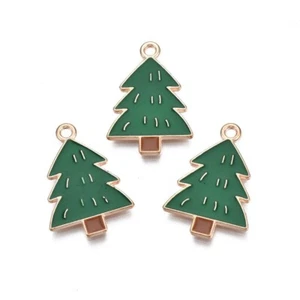10 Simple Design Christmas Tree Shaped Gold Tone Pendants with Enamel Detail - Picture 1 of 2
