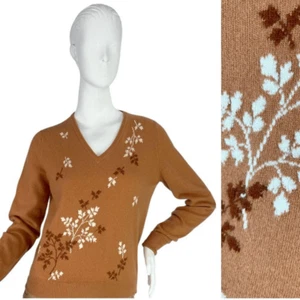 Vtg Ballantyne of Peebles Scotland Cashmere Peach V-Neck Sweater Floral Design S - Picture 1 of 10
