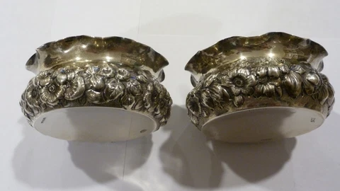 ANTIQUE 2-SHIEBLER 2 3/4" STERLING SILVER SALT CELLARS FLORAL #1185 Cover