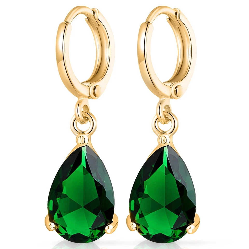 Tropfenform Ohrhänger mit Grüner simulierter Smaragd Zirkonia Kristalle 18 kt... - Bild 1 von 4