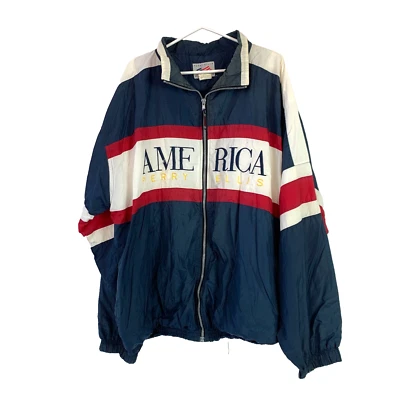 Vintage 90s Perry Ellis America Red White Blue Thrashed Windbreaker Jacket XXL - Image 1 of 4