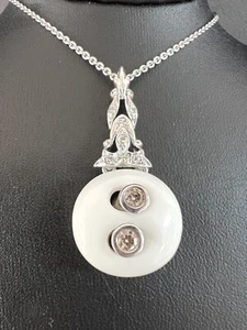 CERT. 14K White Gold Natural .37CT G/VS Diamond White Onyx Pendant Chain 18" NEW - Picture 1 of 13