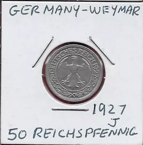DEUTSCHLAND WEIMAR REP 50 REICHSPFENNIG 1927-J ADLER IM KREIS, BLATTSPRAY UNTEN, - Bild 1 von 2