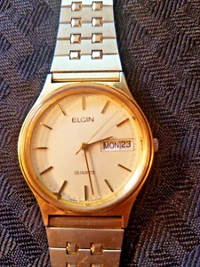 Elgin Day/Date Gold Tone Quartz Watch - Picture 1 of 9