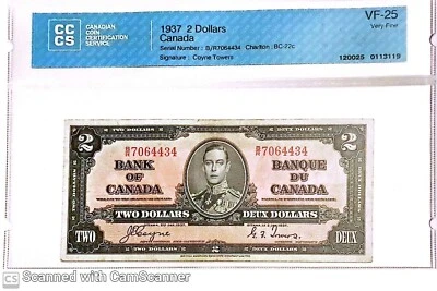 1937 Bank of Canada KG VI $2 Dollars BC-22c Coyne / Towers B/R 7064434 VF-25 - Image 1 of 2