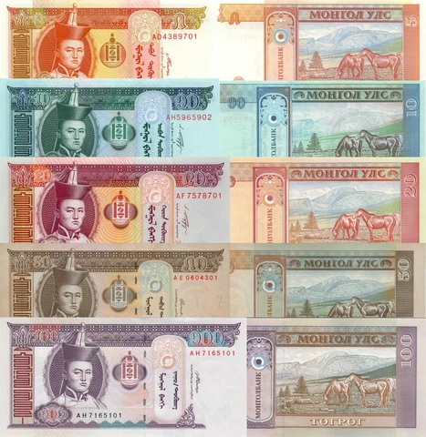 Mongolia 5 PCS Set: 5 to 100 Tugrik (2000/2011), p-61,p-62,p-63e,p-64a,p-65b UNC Cover