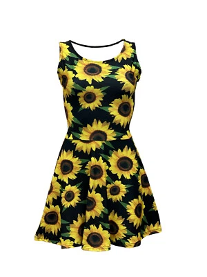Sunflower Floral Vintage 50's 60's Printed Rockabilly Fit & Flared Skater Dress - Image 1 of 3