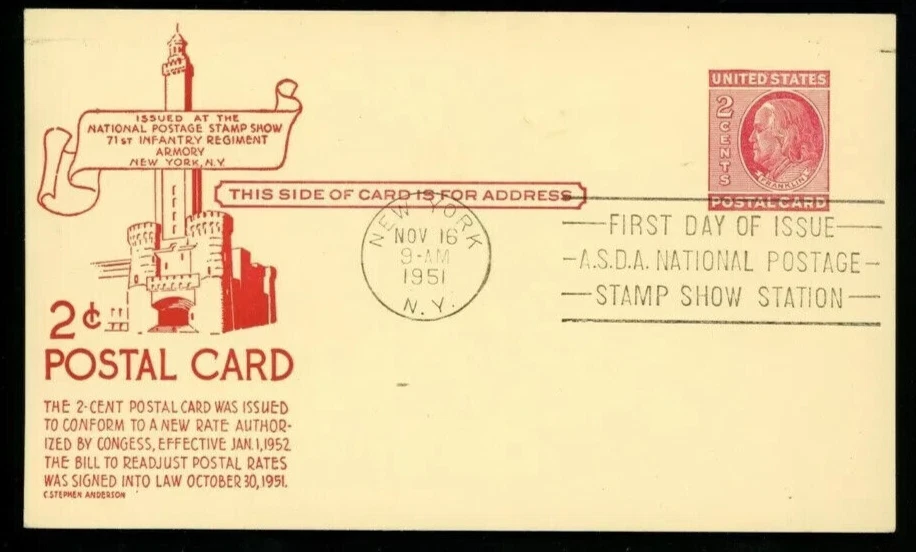 1951 2c BEN FRANKLIN Postal Card #UX38 RED ANDERSON CACHET FIRST DAY CARD UNADDR - Image 1 of 1