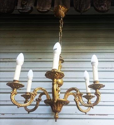 Ancien lustre en bronze 6 feux de style Louis XV en état de marche - 7 kg - Photo 1/4