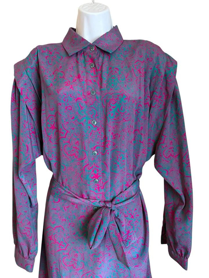 Vestido Schrader Vintage Rosa Teal Años 70 80 Midi Manga Larga Cinturón Mujer’s Talla 16 Foto 1 de 4