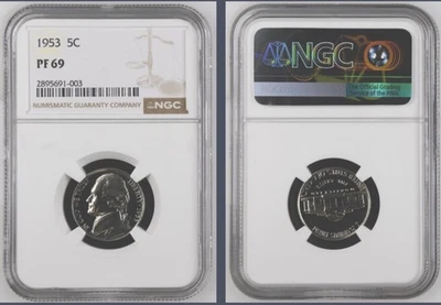 Jefferson Nickel 1953 5 centavos, NGC PF 69, guía de precios NGC $600 Foto 1 de 4