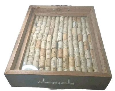 Handmade Folk Art Wine Tray W/ Handles Glass Over Wine Corks Hard Ruff Saw Wood - Image 1 of 4