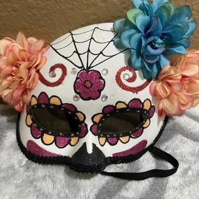 Halloween Day of The Dead Woman 1/2 Face Sugar Skull Flower Mask Costume - Image 1 of 4