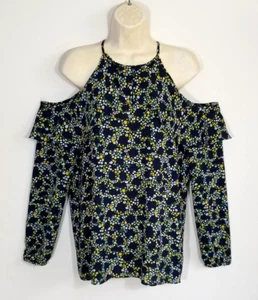 Michael Michael Kors Women M Blue Green Top Blouse Floral Cold Shoulder Ruffle - Picture 1 of 9