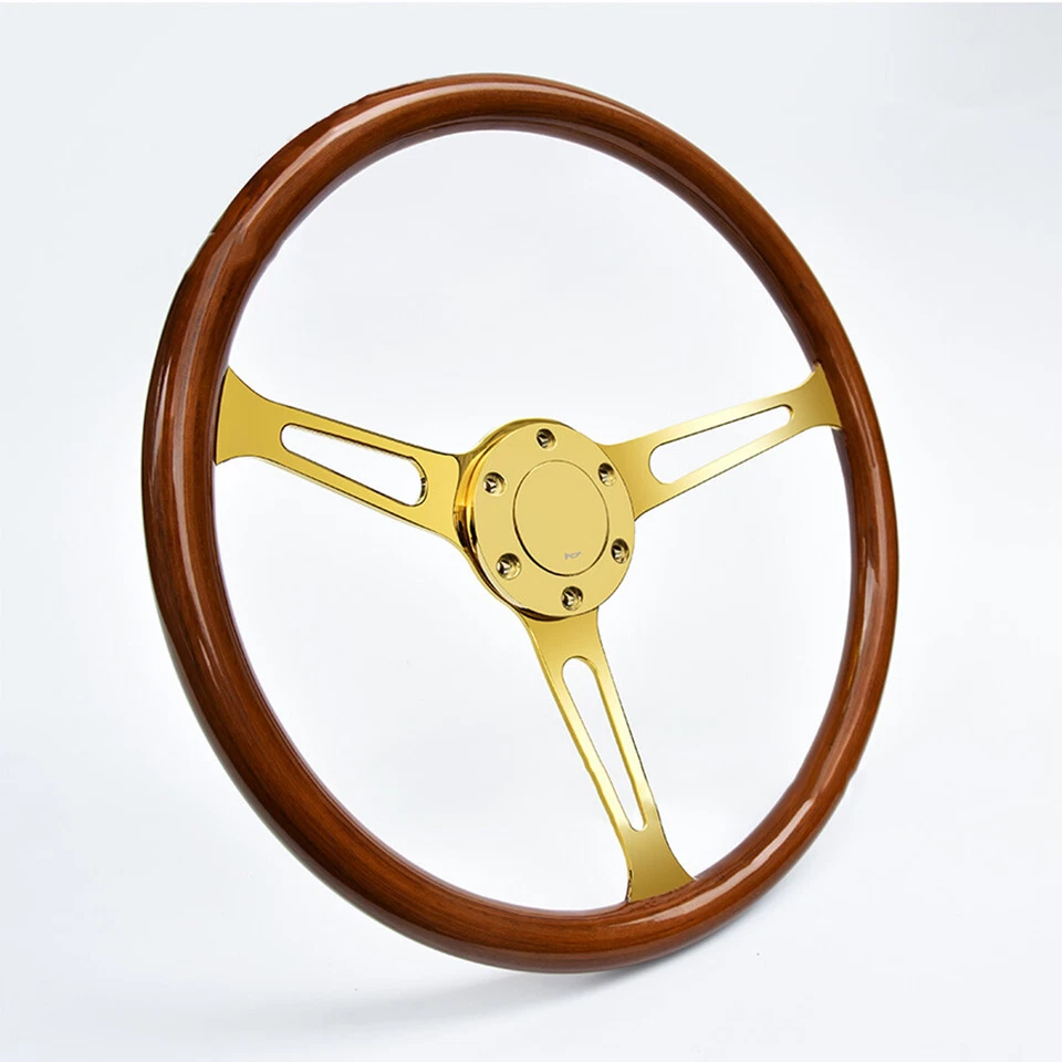 Volante de madeira 15" 6 parafusos para carro caminhão 3 raios clássico com botão de buzina - Imagem 1 de 4