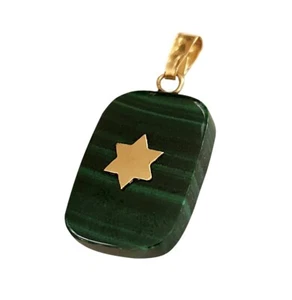 14K Gold Star Of David Pendant Rectangle Shape on Green Stone - 3g - 24mm H #51 - Picture 1 of 1