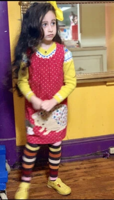 Girls-Mini Boden-sz 5/6-Hedgehog-Pinafore-Dress-Cotton-Red- Zip-Appliqué - Image 1 of 4