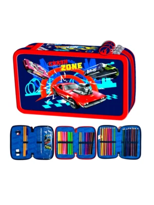 Hot Wheels Cars 3-Fach 43 Teile Dreistöckig FEDERTASCHE FEDERMAPPE Federmäppchen