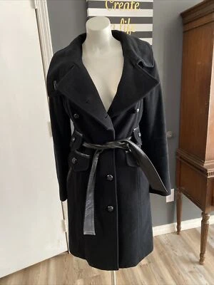 Abrigo de Lana Militar Mackage Borde de Cuero Negro Talla XS Doble Pecho Cuello Alto Foto 1 de 4