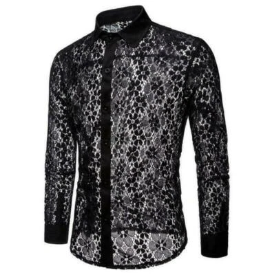 Men’s Casual Mesh Sheer Lace Floral Long Sleeve Button Shirt T Shirt Tops Dress - Image 1 of 4