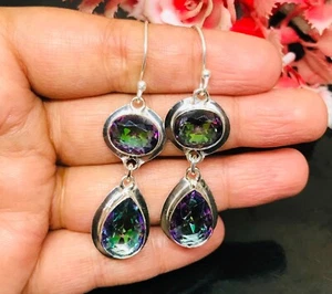 Rainbow Mystic Topaz Gemstone 925 Sterling Silver Handmade Jewelry Earring - 2" - Picture 1 of 3