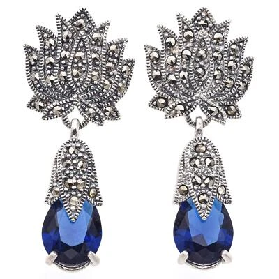 Pendientes colgantes florales vintage de plata de ley con pasta azul y marcasita de loto Foto 1 de 4