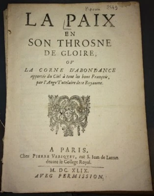 LA PAIX EN SON THROSNE DE GLOIRE. 1649.MAZARINADE. - Photo 1/2