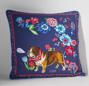 Nathalie Lete Embroidered Throw Pillow Bulldog Puppy Dog Fidele Flowers 18" NEW - Picture 1 of 5