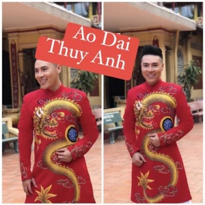 Red Ao Dai Nam, Hand Painted Vietnamese Ao Dai for men No Pants G43 - Picture 1 of 3