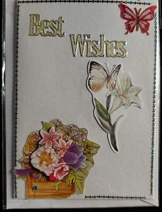 Handmade Best Wishes Butterfly and Flowers Greeting Card - Picture 1 of 1