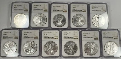 Lotto Di 11 Silver American Eagles Graded Da NGC Come MS-69 (Vedi Dettagli) - Immagine 1 di 2