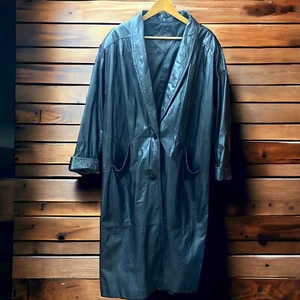 JF Women 2X Black Leather Long Trench Jacket J Ferrar Coat 80's Gothe classic - Picture 1 of 10
