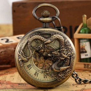 Vintage Hollow Out Dragon Unisex Handwind Mechanical Pocket Watch FOB Chain Gift - Picture 1 of 9