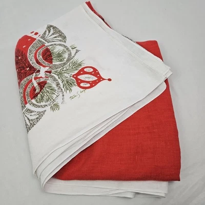 Vintage Tammis Keefe Christmas Tablecloth Mid Century Horns Ornaments 55x103 - Image 1 of 4