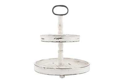 Bandeja de madera envejecida de 2 niveles con mango de metal, blanca Foto 1 de 4