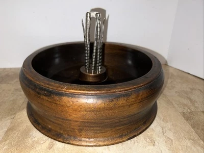 AntiqueLarge Stately Handmade Turned Wooden Nut Bowl Cracker Tools Patina Estate - Image 1 of 4
