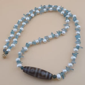 Vintage 4 Eyes Tibetan Agate Dzi Pendant with Freshwater Pearls & Aquamarine - Picture 1 of 17