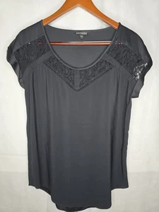 Camicetta Express raso nero pizzo manica corta con polsini scollo a scoop boho gotica L - Foto 1 di 17