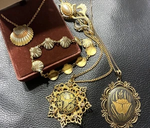 Exceptional Damascene Jewely Lot Reed & Barton Shell Necklace in Box Pin Bracele - Picture 1 of 8