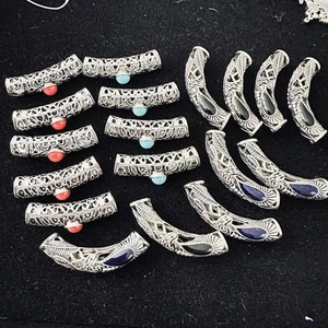 18 Antique Silver Hollow Tube Beads Large Holes Curved Slider Spacer Charms - Picture 1 of 7