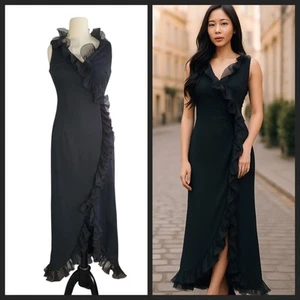 Vintage schwarz V-Ausschnitt Rüschen Maxi formelles Kleid Gr 10 Goth Hexe Vamp sexy Glam - Bild 1 von 15