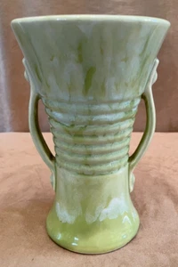 Brush Pottery 8” McCoy Green 2 Handle Ribbed Vase Antique USA 579 8 early - Picture 1 of 6