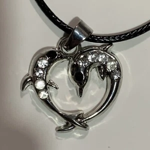 Dolphin Couple Heart Clear Crystals 1" Silver Pendant 16" Necklace Jewelry Gift - Picture 1 of 2