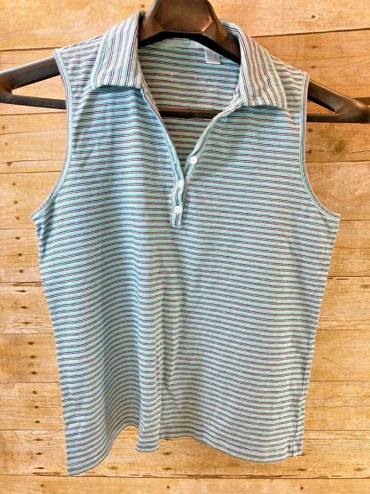 LIZ GOLF COLLAR 3 BUTTON GOLF TANK TOP BLUE PURPLE GREEN STRIPE WM'S XL ⭐️EUC⭐️ - Image 1 of 4
