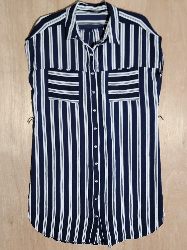 mlle gabrielle button up shirt womens size L sleeveless long pockets stripe blue - Изображение 1 из 4