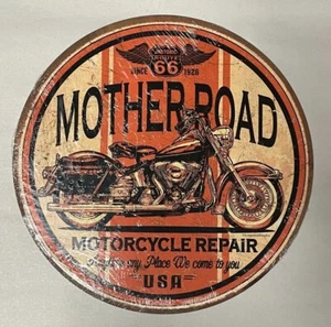 Madre Strada Riparazione Moto 12" INSEGNA METALLO ROTONDA Olio Ingranaggio Route 66 Bici - Foto 1 di 3