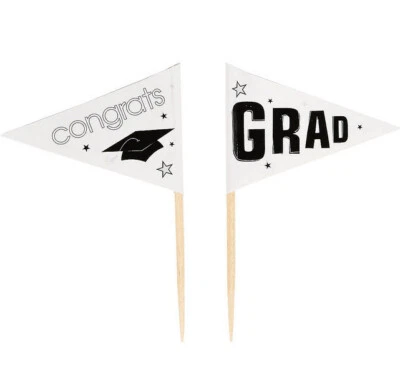 GRADUATION Party CUPCAKE FLAG PICKS Congrats Grad 12pc Black White School Colors - Image 1 of 2