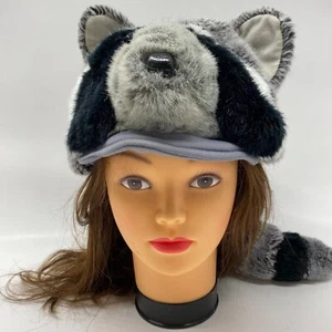 Faux Raccoon Skin Plush Trapper Hat Gray Long Tail Costume OSFM Non-Adjustable - Picture 1 of 11