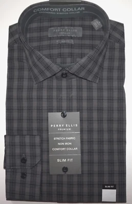 Perry Ellis Mens Dress Shirt 16.5 - 32/33 Slim Fit Stretch Charcoal Check NWT - Image 1 of 3