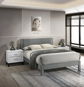 3Pc Twin Youth Size Upholstered Platform Bed 2x Nightstand Set Gray Furniture - Picture 1 of 10
